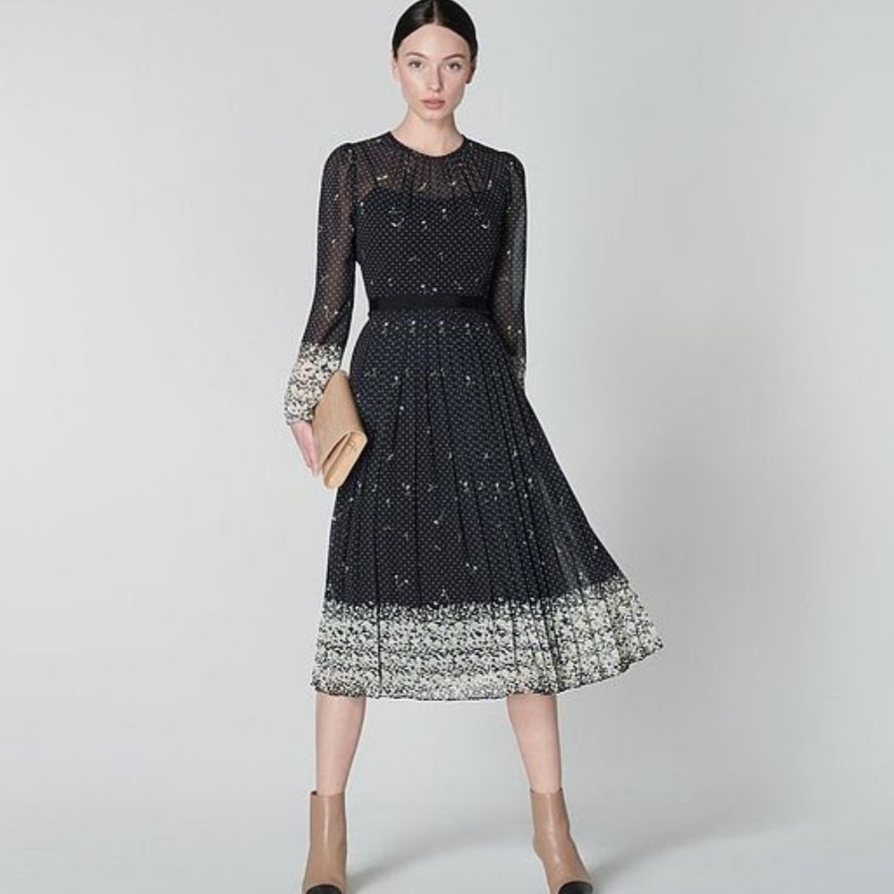 NWT L.K. Bennett Avery Border Floral Print Pleated Midi Dress (US 10/UK 14)